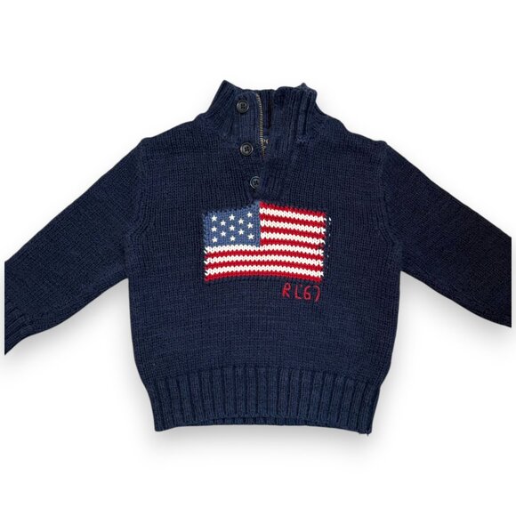 Ralph Lauren POLO Toddler USA American Flag Knit Quarter Zip Retro Sweater 2 2T - Picture 1 of 11